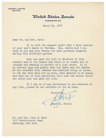 Lot #206 Robert F. Kennedy and Jacob Javits send condolences to a soldier family: ?Winston Churchill said, ?Courage is rightly esteemed as the first of all human qualities because it is the one that guarantees all others.?? - Image 2