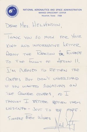 Lot #314 Neil Armstrong: ?THE REACTION IN EUROPE TO THE FLIGHT OF APOLLO 11?: ARMSTRONG writes to an admirer and encloses a signed APOLLO 11 cover - Image 1