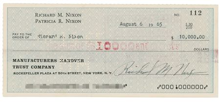 Lot #82 Richard Nixon: Ten-grand gesture: Nine years to the day before he would make the decision to resign, NIXON writes himself a check for $10,000 - Image 1