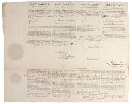 Lot #72 James Madison: Soft touch: Madison signs ship’s papers for a France-bound ship laden with cotton - Image 1