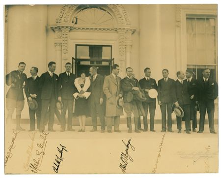 Lot #344 Charles Lindbergh: SKY KINGS: Vintage Underwood photo signed by LINDBERGH and six other aviation pioneers - Image 1