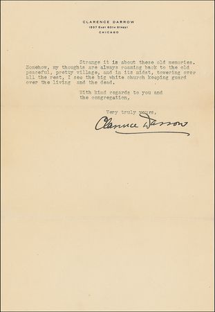 Lot #159 Clarence Darrow: ?I hurried by, fearing the dead would be awakened by my fleeting feet. An older brother who died when I was a little child lies in his grave in the old yard and besides him sleeps my mother.? - Image 1