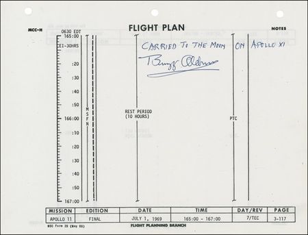 Lot #295 Buzz Aldrin: THE SCIENCE OF (SPACE) SLEEP: ALDRIN signs a page from the original flight plan used during the APOLLO 11 mission - Image 1