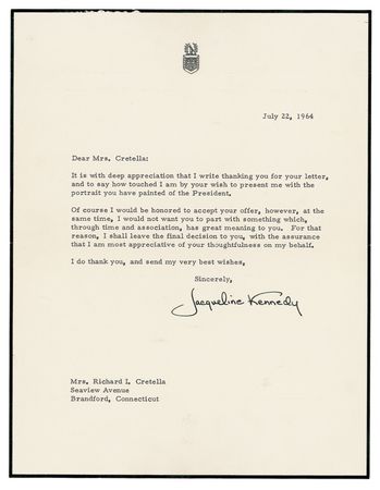 Lot #63 Jacqueline Kennedy: “THE PORTRAIT YOU HAVE PAINTED OF THE PRESIDENT”: JACKIE acknowledges a touching memorial tribute to JFK - Image 1