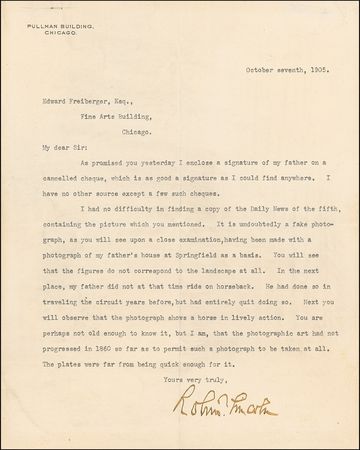 Lot #83 Abraham Lincoln: “I enclose a signature of my father”: ABRAHAM LINCOLN’s son, Robert, sends “as good a signature as I could find anywhere” - Image 2