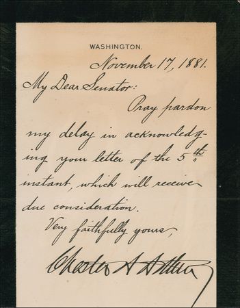 Lot #3 Chester A. Arthur Signed Letter