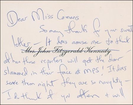 Lot #79 Jacqueline Kennedy: THE NEW FRONTIER ARRIVES: JACKIE goes “old school” on the day JFK won the White House: “Those reporters ... are so naughty” - Image 1