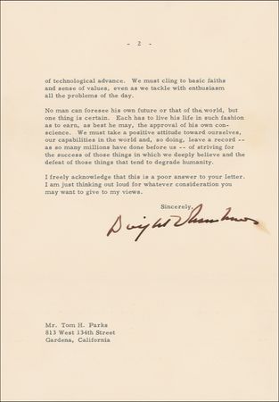Lot #34 Dwight D. Eisenhower: As American troops fight in Vietnam, a thoughtful Ike muses on the possibility of a “third war,” “our national morals,” and “the defeat of those things that tend to degrade humanity” - Image 1