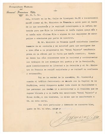 Lot #257 Francisco ?Pancho? Villa: LEGS AND EGGS: PANCHO VILLA vigorously defends his conduct during an encounter with the proprietor of the Palace Hotel restaurant less than a month before the pivotal Battle of Celaya - Image 1