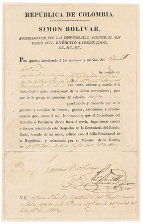 Lot #146 Simón Bolivar: El Libertador signs a military promotion for the future president of Bolivia - Image 1