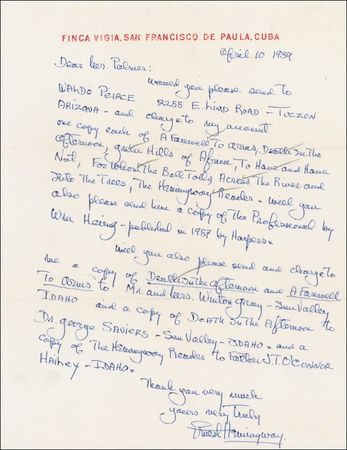 Lot #453 Ernest Hemingway: PAPA’S GREATEST HITS: HEMINGWAY orders copies of A Farewell to Arms, Death in the Afternoon, For Whom the Bell Tolls, and more - Image 1