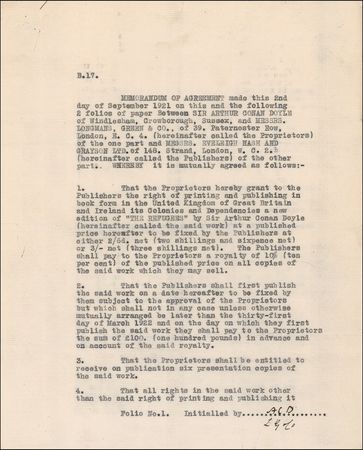 Lot #441 Arthur Conan Doyle: 1921 book contract - Image 1