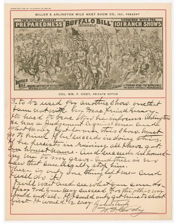 Lot #157 William F. ?Buffalo Bill? Cody: In the last year of his life, an irate Cody writes to his lawyer vowing to resolve a feud - Image 1