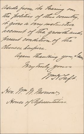 Lot #123 William H. Taft: Taft falls in line with an author fearful of the Yellow Peril: ?It presents in the most forcible way the dangers of Chinese immigration.? - Image 1