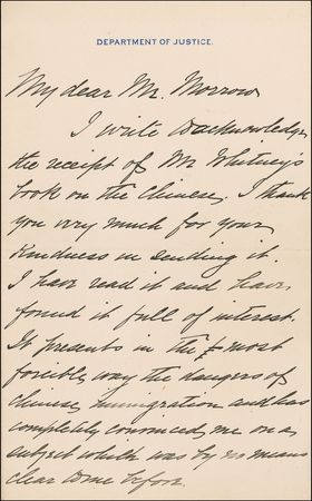 Lot #123 William H. Taft: Taft falls in line with an author fearful of the Yellow Peril: ?It presents in the most forcible way the dangers of Chinese immigration.? - Image 2