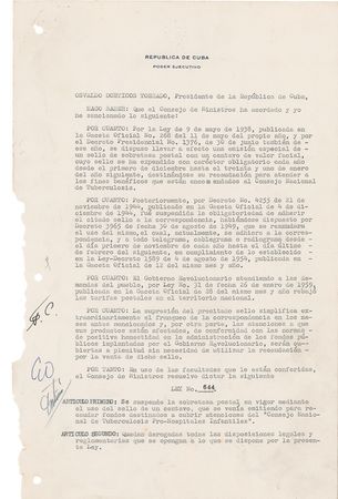 Lot #150 Fidel Castro: Abolishing a charity-related postal surcharge - Image 1