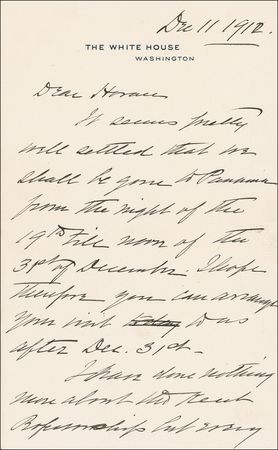 Lot #124 William H. Taft: PANAMA CANAL CONTROVERSY: TAFT underestimates the consequences of Anglo-American tensions over his proposed Panama Canal toll exemptions: ?There is nothing except negotiation over the Canal Treaty and Canal law? - Image 1