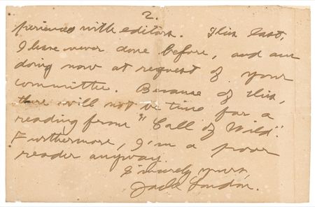 Lot #470 Jack London: YUKON GOLD: “Poor reader” JACK LONDON declines a request regarding his most famous work: “There will not be time for a reading from ‘CALL OF [the] WILD’” - Image 2