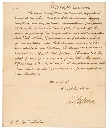 Lot #72 Thomas Jefferson: “A MAN OF LITERATURE AND A GENUINE REPUBLICAN”: JEFFERSON warmly recommends a French diplomat who would become an important associate of Napoleon - Image 1