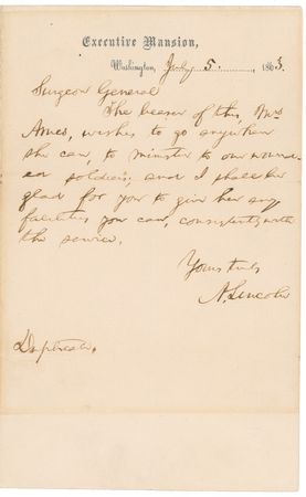 Lot #85 Abraham Lincoln: “TO MINISTER TO OUR WOUNDED SOLDIERS”: Two days after the bloody Battle of Gettysburg, LINCOLN seeks assistance for a female volunteer - Image 2