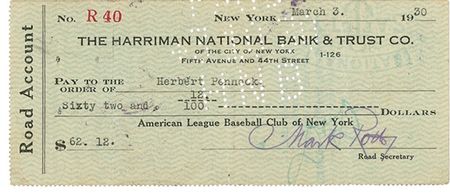 Lot #1371 Herb Pennock Check - Image 1