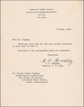 Lot #272 Omar Bradley: Sending a photo less than a month before V-J Day - Image 1