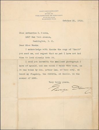 Lot #277 George Dewey: “Taken ... on board my flagship, the Olympia, at Manila, in 1898”: DEWEY sends a photograph that he “value[s] very much” - Image 1