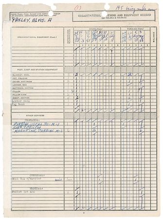 Lot #654 Elvis Presley: G. I. BLUES: ELVIS’s 1958 Fort Hood Army Equipment record sIgned by him seven times - Image 1