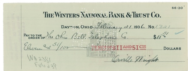 Lot 531 Orville Wright Check