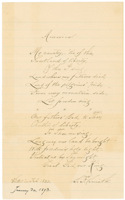 Lot 632 Samuel Francis Smith: SWEET LAND OF LIBERTY: Smith pens his immortal lyrics to “America”