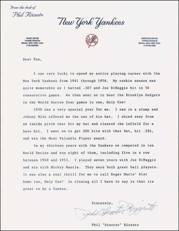 Lot 1492 Phil Rizzuto Typed Letter Signed