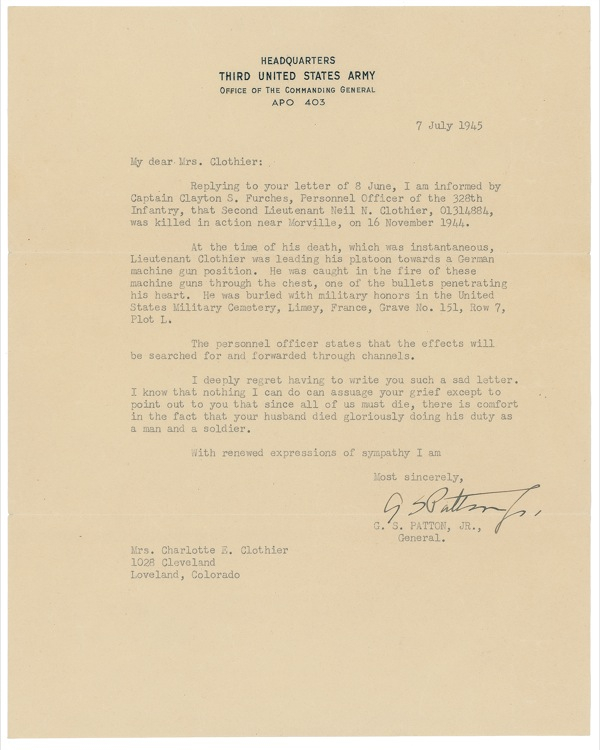 Lot 380 George S. Patton: “YOUR HUSBAND DIED GLORIOUSLY DOING HIS DUTY AS A MAN AND SOLDIER”: PATTON sends condolences to the wife of a soldier killed in action