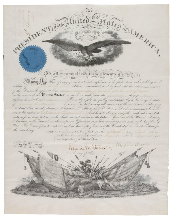 Lot 77 Abraham Lincoln: STEADY SUPPLY: Two weeks after Shiloh, LINCOLN appoints a quartermaster who would later serve at Missionary Ridge and Lookout Mountain