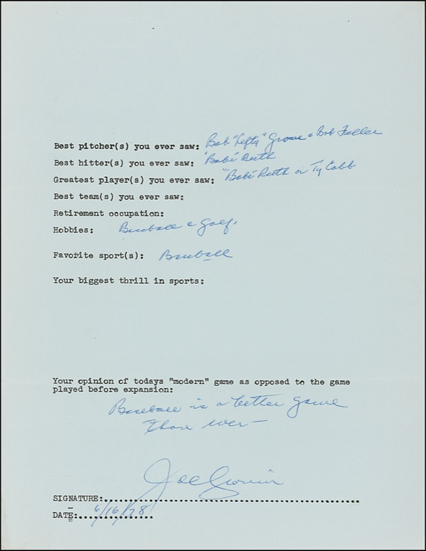Lot 1353 Joe Cronin Questionnaire