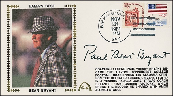 Lot 1330 Paul ?Bear? Bryant Commemorative Cover