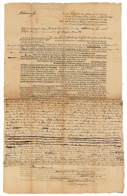 Lot 184 Declaration of Independence: Paine, Robert Treat: Attaching the property of a crown loyalist