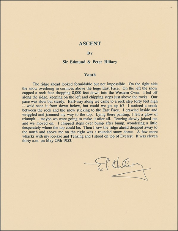 Lot 235 Edmund Hillary Souvenir Typescript