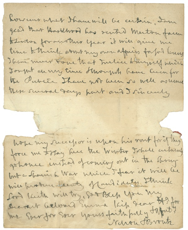 Lot 378 Horatio Nelson: “ALL MY TIME & THOUGHTS HAVE BEEN FOR THE PUBLIC”: Naval hero HORATIO NELSON writes to his notorious mistress, EMMA HAMILTON
