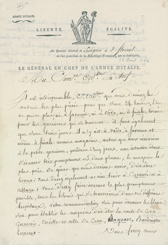 Lot 269 Napoleon: Stretching French resources during the invasion of Italy a month after his marriage to Josephine: ?It will not be possible to provide further aid?