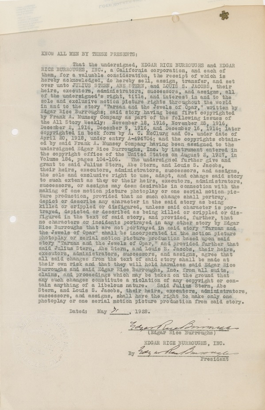 Lot 553 Edgar Rice Burroughs: HOLLYWOOD AND VINES: BURROUGHS signs a contract for an early Tarzan serial