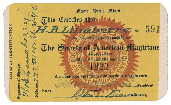 Lot 1082 Harry Houdini: Membership card trick: Houdini signs as president of the Society of American Magicians