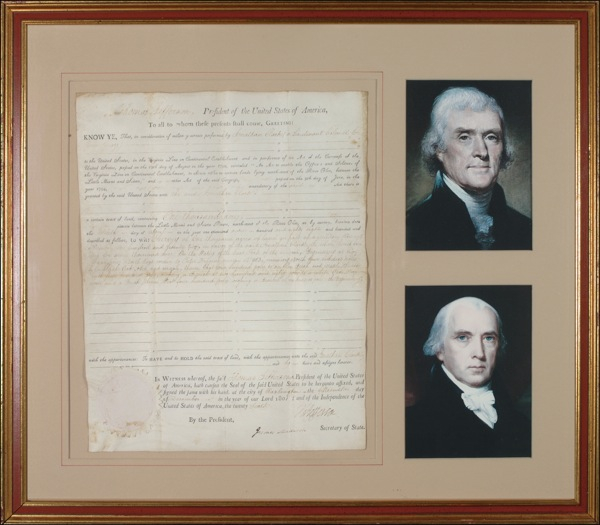 Lot 64 Thomas Jefferson and James Madison: REVOLUTIONARY REAL ESTATE: JEFFERSON and MADISON sign a land grant for a Revolutionary War officer who was captured at Charleston