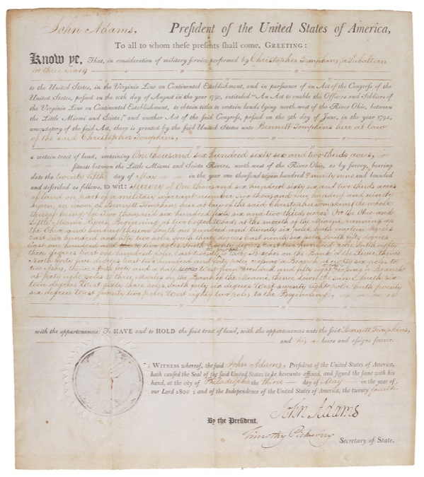 Lot 4 John Adams: AMERICAN DREAM: ADAMS grants a parcel of land to a Revolutionary War veteran