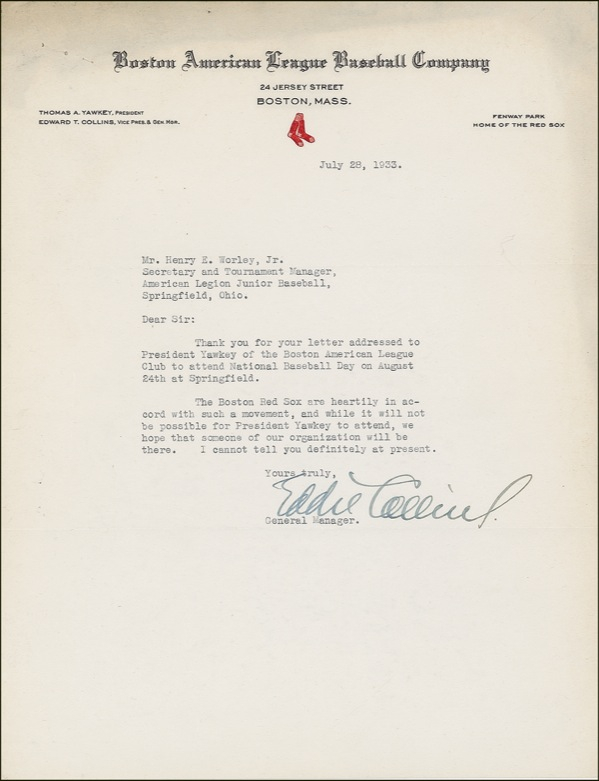Lot 1347 Eddie Collins Typed Letter Signed
