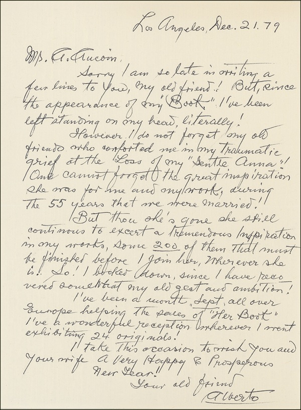 Lot 641 Alberto Vargas: Vargas presses on despite the passing of his wife: “She still continues to exert a tremendous inspiration in my works, some 200 of them that must be finished before I join her.”