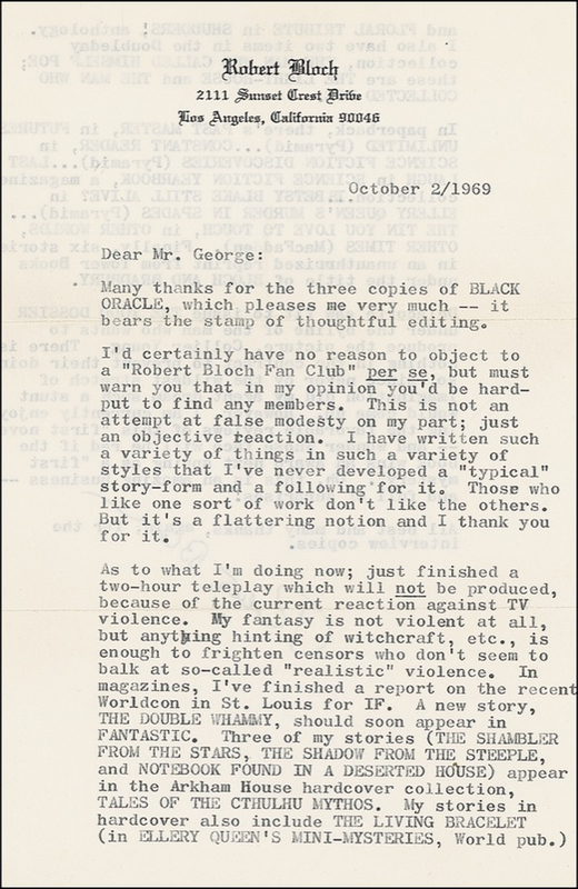 Lot 547 Robert Bloch: “My fantasy ... is enough to frighten censors who don’t seem to balk at so-called ‘realistic’ violence”