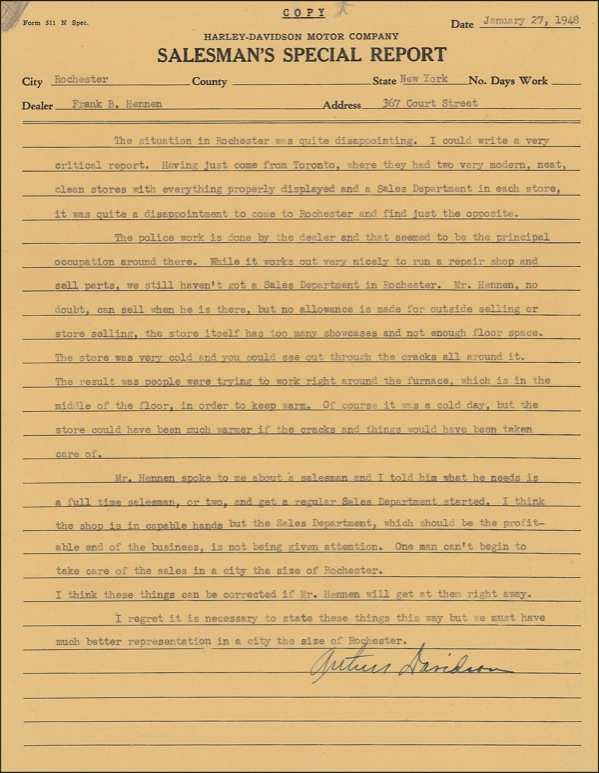 Lot 226 Harley-Davidson: Davidson, Arthur: A negative report for a New York dealership: ?It was quite a disappointment?