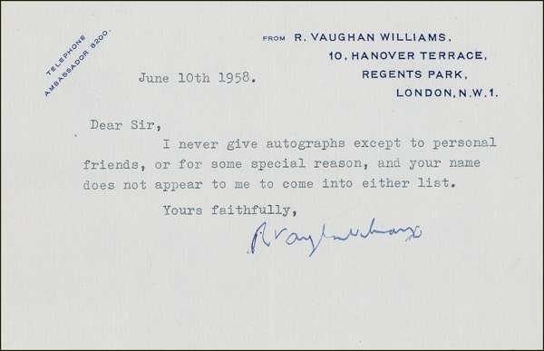 Lot 882 Ralph Vaughan Williams Typed Letter Signed