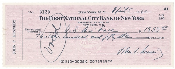 Lot 72 John F. Kennedy: KEEP ’EM FLYING: President JOHN F. KENNEDY writes a check to the Air Force months before the Cuban Missile Crisis