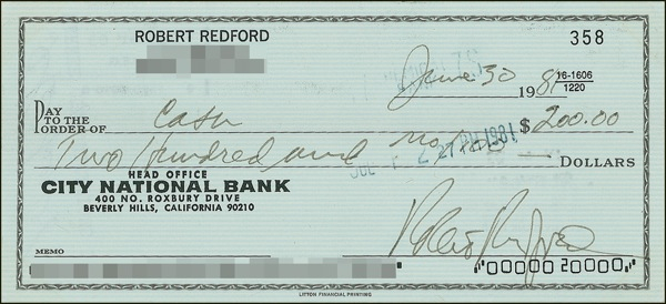 Lot 1161 Robert Redford Check